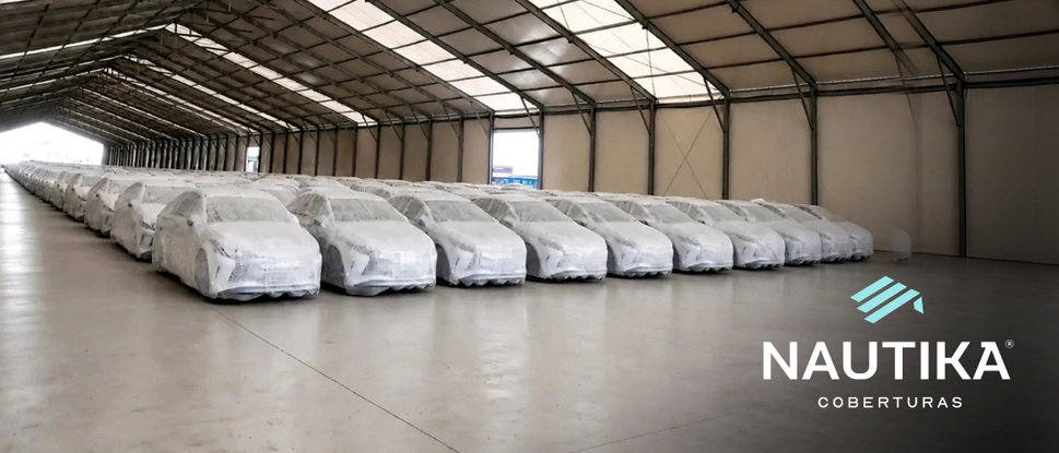 Interior de galpão lonado Nautika com veículos armazenados em projeto para montadora